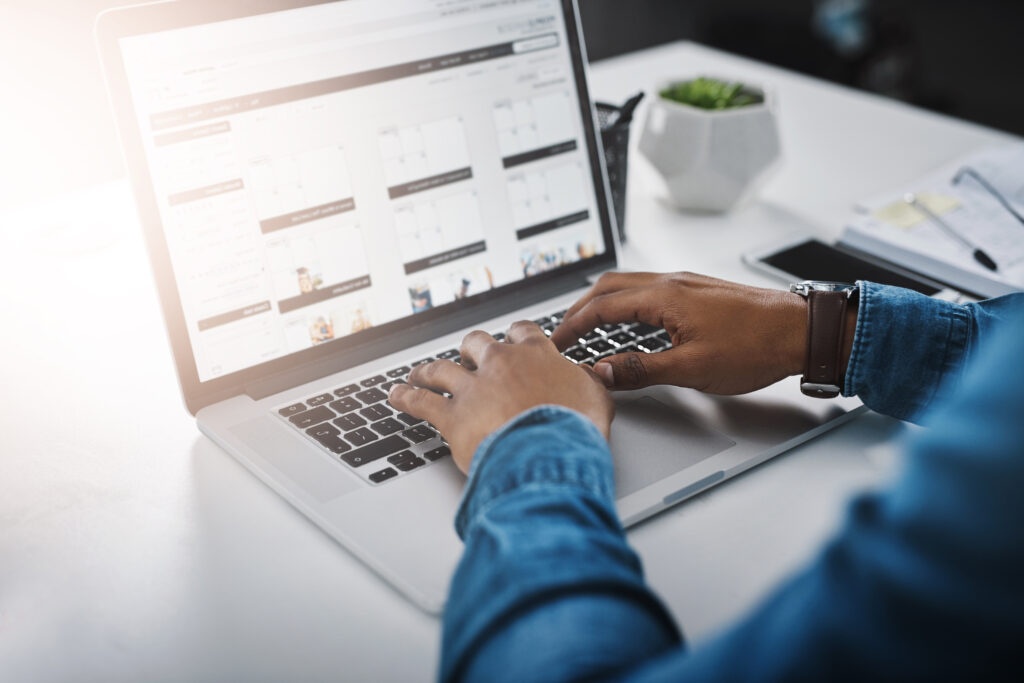calendar, laptop screen and typing at desk, hands or project management of social media email. planning, technology or schedule app for website blog, post or online communication of startup company